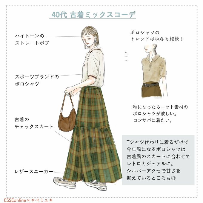 ポロシャツ×チェックスカート