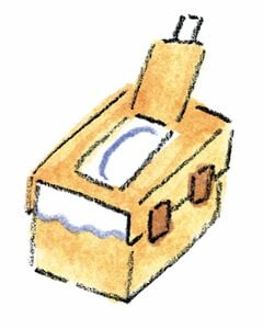 切り込みを入れた段ボールの板を箱にガムテープでとめる