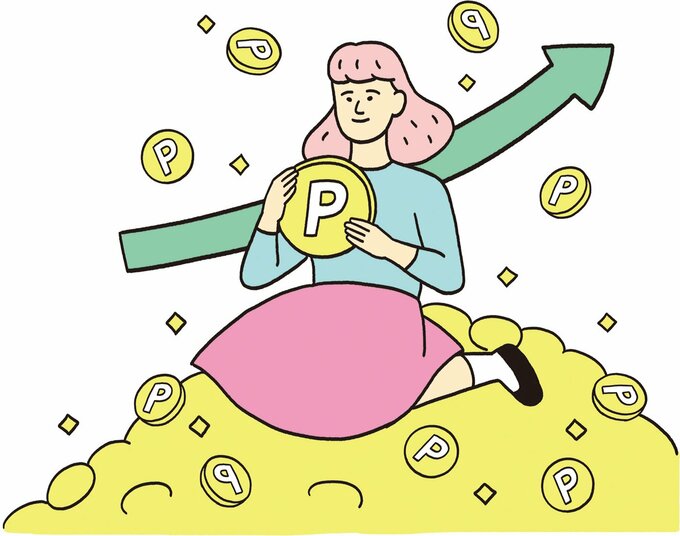 ポイントの山に座っている女性のイラスト