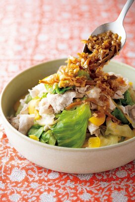 豚しゃぶとレタスのごちそうサラダ。ザーサイ入り中華ダレが絶品