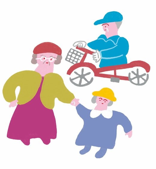 おばあちゃんと幼稚園の子が手を繋いでいる後ろにはシルバー人材として働く人のイラスト