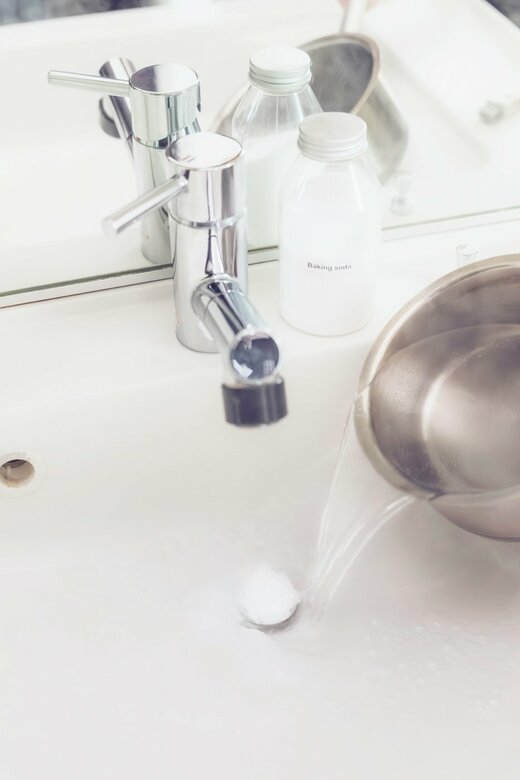 洗剤をお湯で洗い流している様子