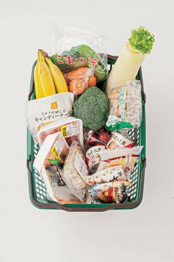 買い物カゴに大根、バナナなど