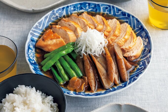 鶏胸肉とゴボウ、インゲンの煮物