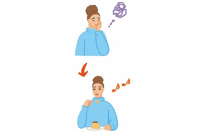 デザートを食べて気持ちが明るくなる女性のイラスト