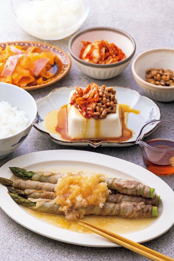 冷奴、アスパラの肉巻き