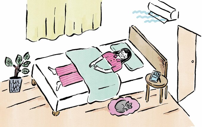クーラーのかかった寝室で眠る女性のイラスト