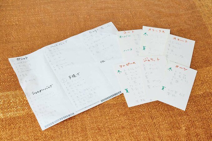 服の種類が書いたメモ