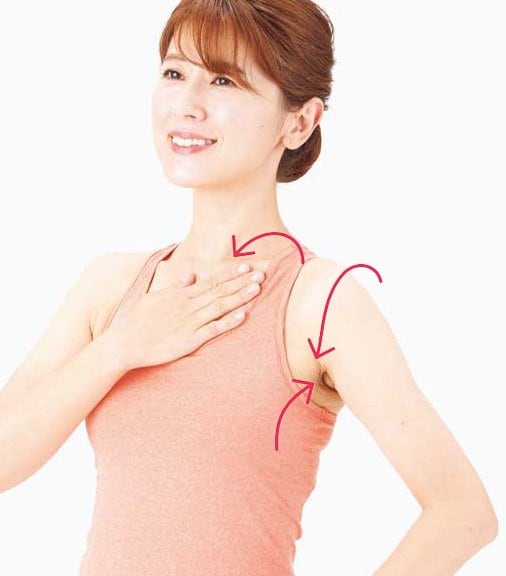 肩から鎖骨、背中からわきへさする