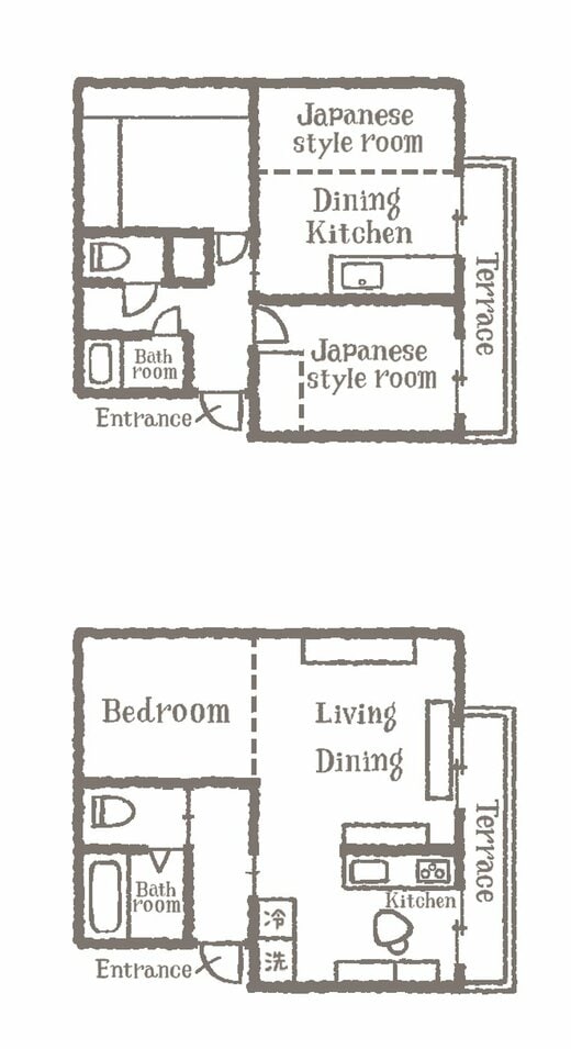 【上】リノベ前／【下】リノベ後の間取り