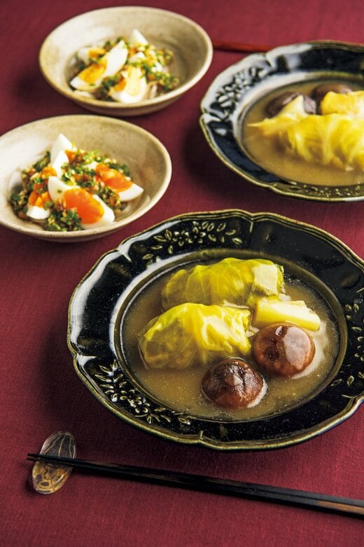 「和風ロールキャベツ」と「ゆでニラたま」