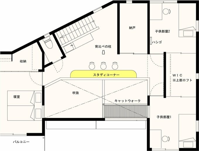 2階でリビング学習できる家の平面図