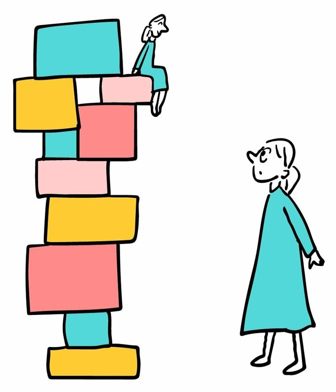 山積みのものの上の人とそれを見ている人のイラスト