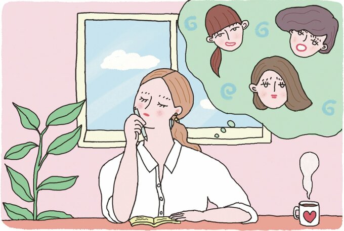 複数の人を思い出す女性のイラスト