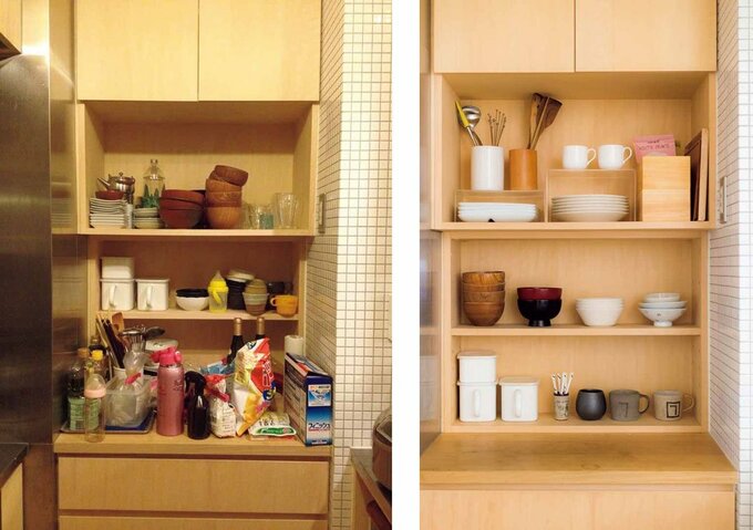 食器棚に収納していたものを整理した様子を整理前と整理後で比較する画像