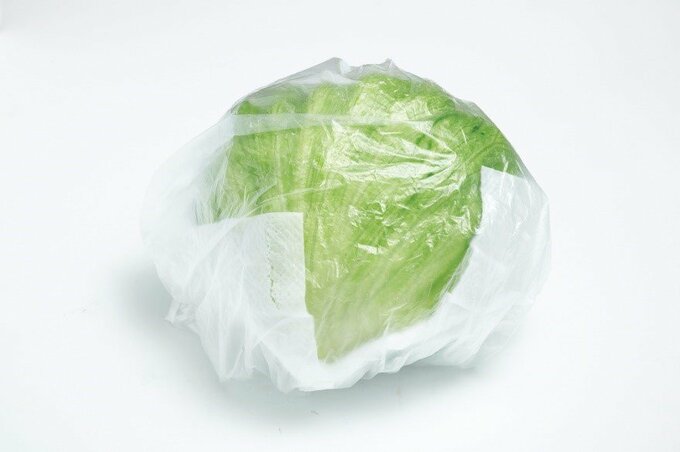 ペーパータオルを当ててビニール袋に入ったレタス