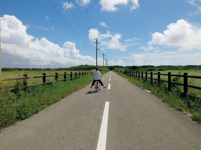 広い道を自転車で走る柳沢さん