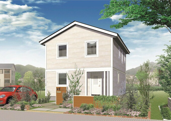 シンプルな切妻屋根にドアや窓枠のホワイトが印象的