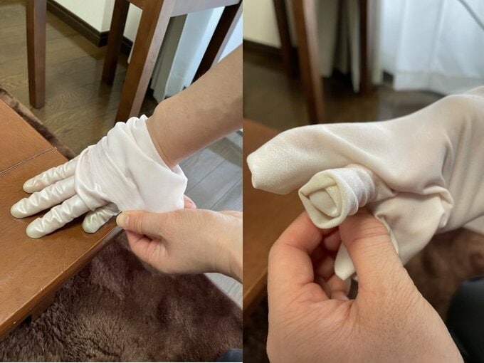 テーブルに指先の指の腹をしっかりおしつけ裏返しながら外す