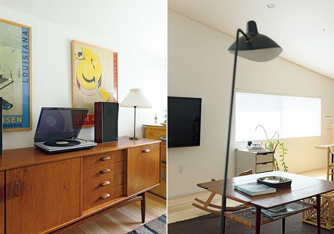 (写真左)G-PLANのチーク材のキャビネット/(写真右)セルジュ・ムーユの照明器具