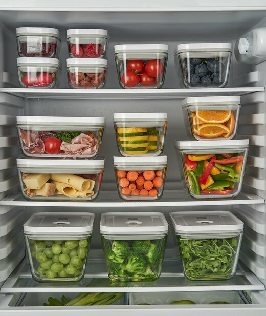 （左上）ガラス製のコンテナと（右上）プラスチック製のコンテナ