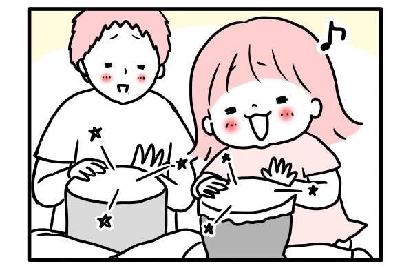 太鼓で周りのものを表現する遊び