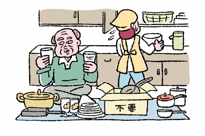 キッチンで調理器具や食器を片づけている高齢男性と女性のイラスト