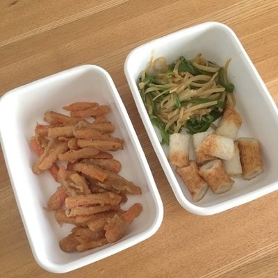 ちくわの素揚げと、ピーマンとじゃが芋のきんぴら、人参フライ