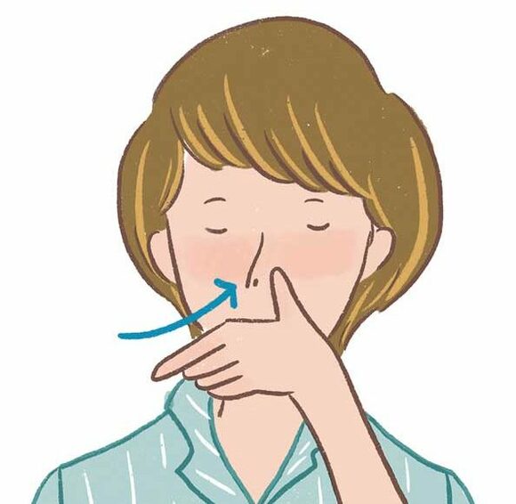 左手親指で左鼻を押さえる