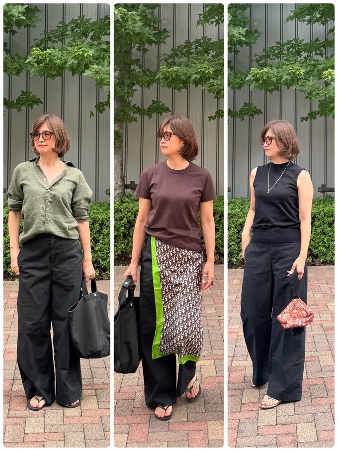 河村さん黒ワイドパンツコーデ