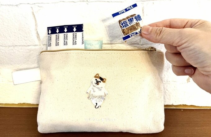 防災ポーチと塩黒糖