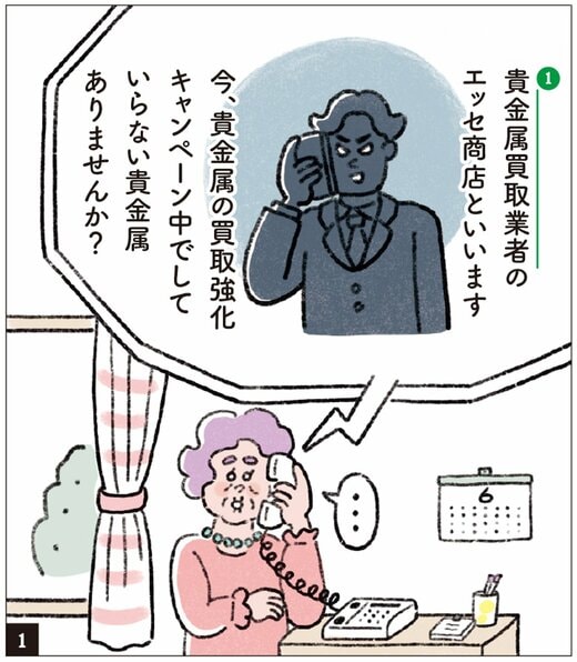 貴金属の買い取り業者と名乗る男性と電話する高齢女性のイラスト
