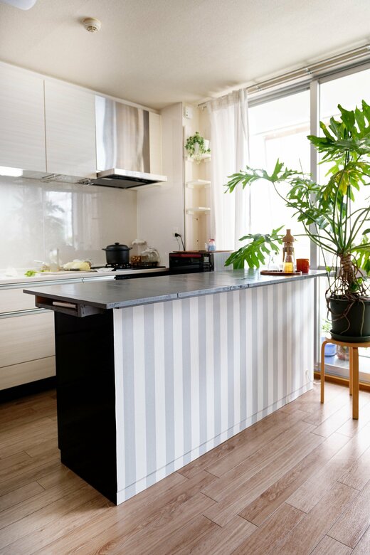 古い流し台を利用してつくったキッチンカウンターは部屋のトーンに合わせてカラーリングしました。天板には電源を配置してミキサーを使ったりしています(写真:川瀬典子)