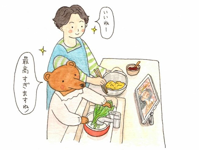 キッチンでプライベート・ビエラを使っているイラスト