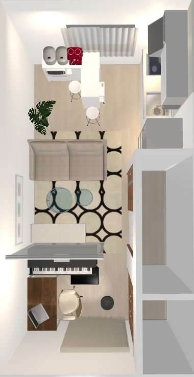 家電や食器なども収納できてカウンター上で食事もできる家具で狭さ克服