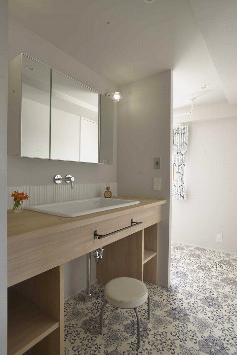 実験用シンクなどを用いて造作した洗面