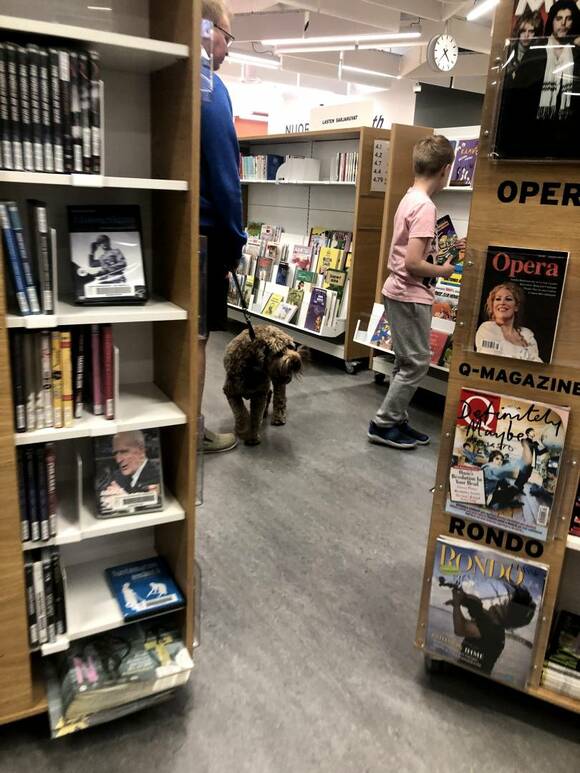 本棚の近くに犬を連れた男性