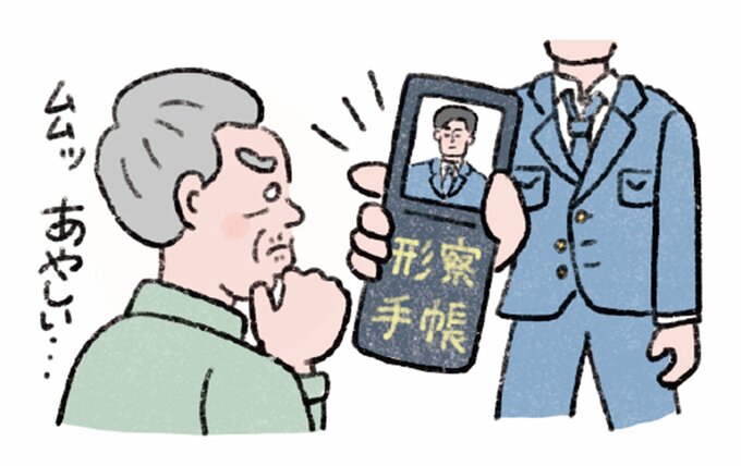 警察手帳を怪しむ高齢の男性のイラスト