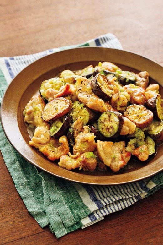 ナスと鶏モモのネギ塩焼き