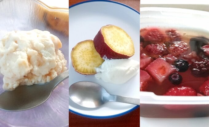 バナナヨーグルトアイスと冷やし焼きイモのヨーグルト添えと冷凍ベリーのゼリー