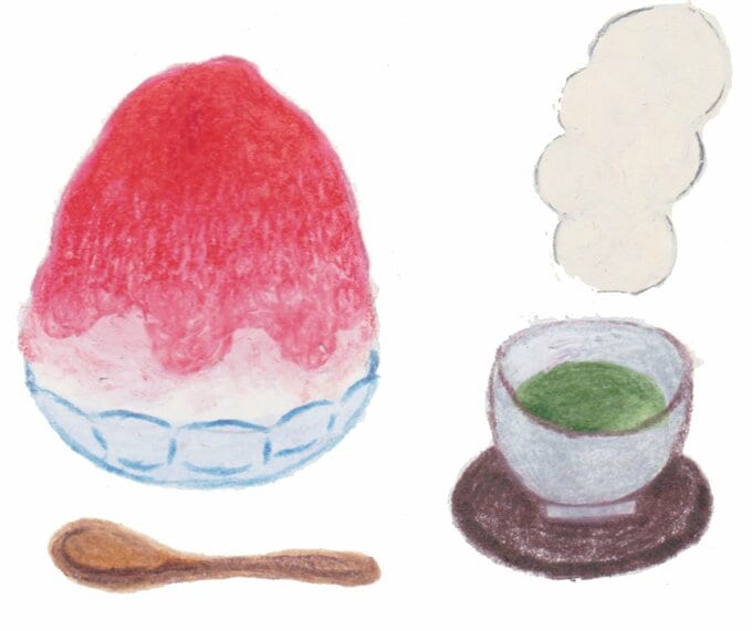イラストかき氷と緑茶