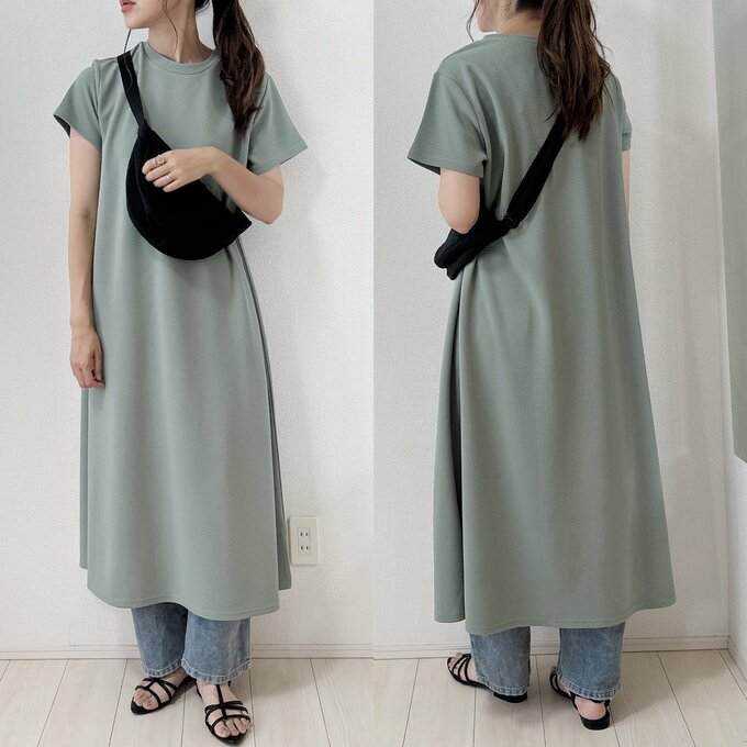 エンボス加工半袖マキシワンピースコーデ