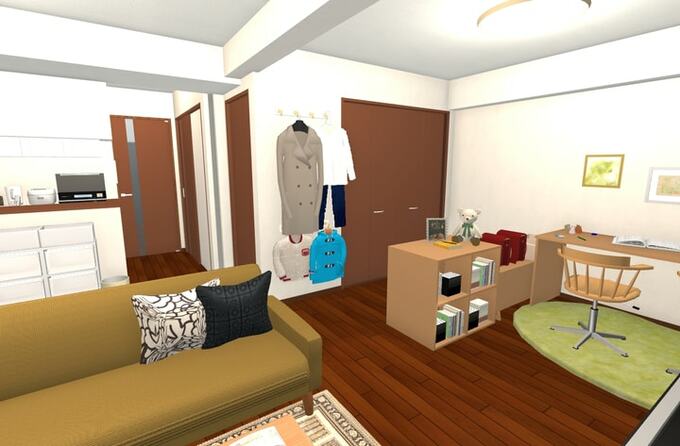 12畳のリビングダイニングにできた勉強や遊びの機能を持つキッズコーナー