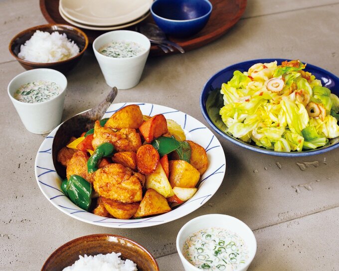 「揚げ鶏ジャガのカレー炒め」献立