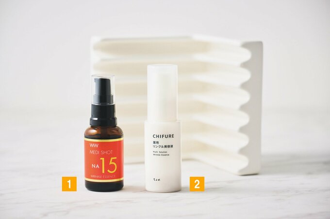 【画像左】メディショット NA15リンクル濃美容液 30mL(明色化粧品)/【画像右】ちふれ 薬用 リンクル美容液〈医薬部外品〉 30mL(ちふれ化粧品)