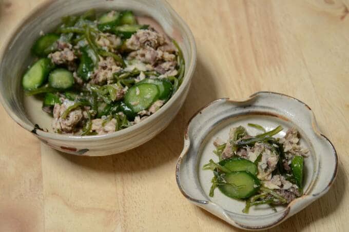 キュウリとワカメのサバ缶あえ