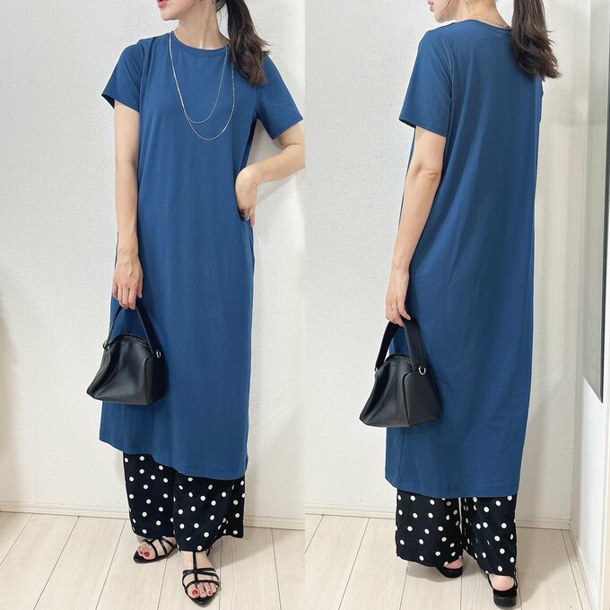 ドット柄のパンツをレイヤードしたコーデ例。