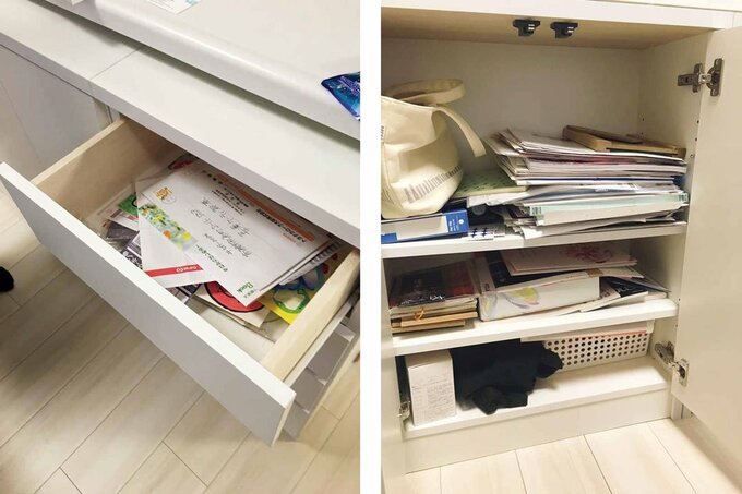 棚や引き出しに脈略なく書類を重ねて置いている様子