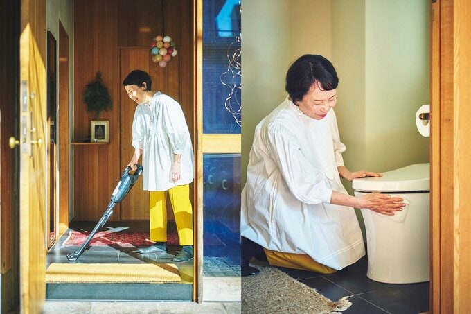 玄関とトイレを掃除する引田さん