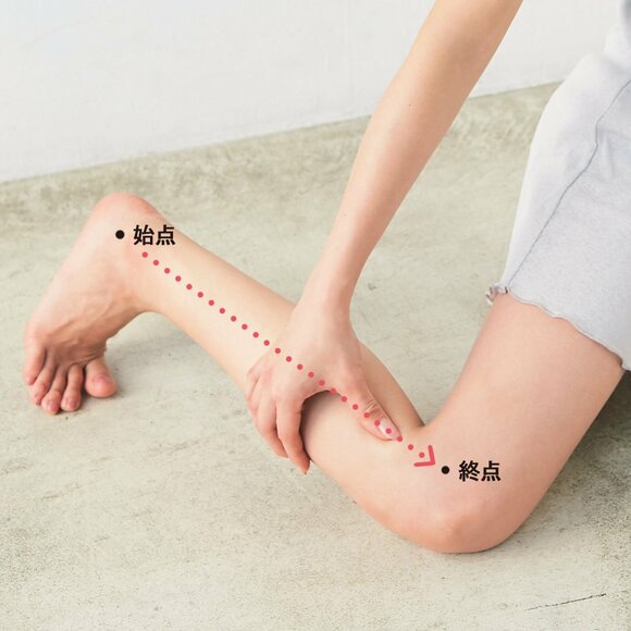 外くるぶしからひざ裏までほぐす様子